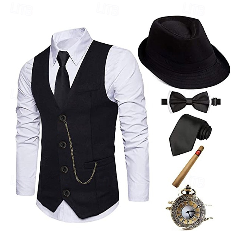 Velký Gatsby Gentleman Gangster Retro Řvoucí 20s 20. léta 20. století Úbory Kamizelka Panamský klobouk Sada příslušenství Pánské Kostým Retro Kostýmová hra Maturitní ples Festival Nákrčník Vánoce 2025 - $44.99 –P20