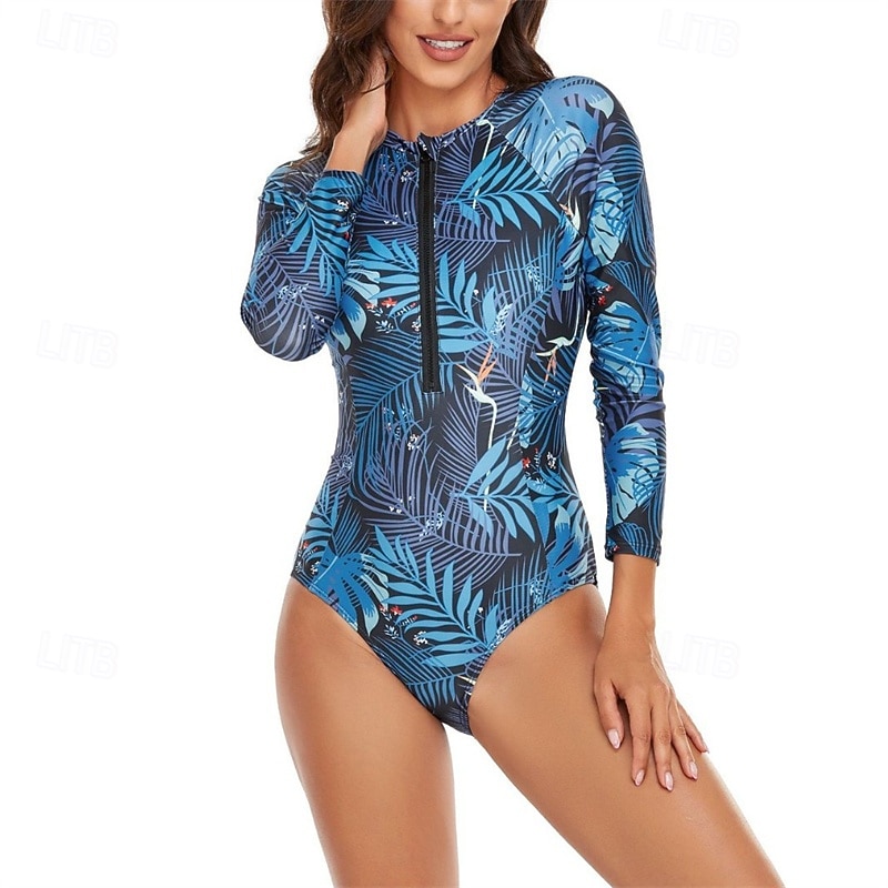 Per donna Top sottomuta Costume Intero Floreale Patchwork Stampato Cerniera Frontale Asciugatura Rapida Leggero Traspirante Manica Lunga Body costume da bagno Surf Spiaggia Sport Acquatici Estate del 2026 a $32.99 –P1