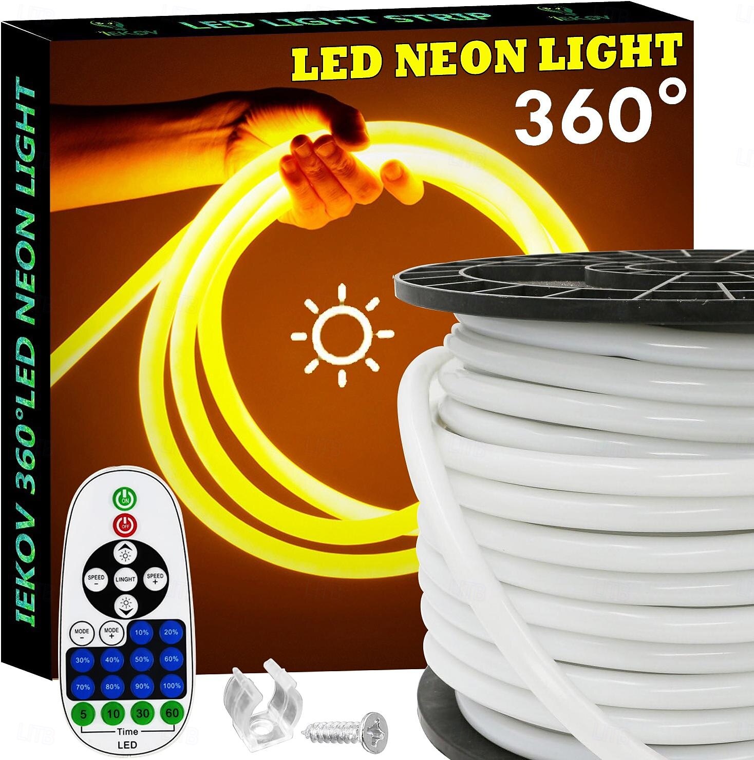 Bande lumineuse LED néon 360° AC110 16-100 pieds flexible/étanche/à intensité variable, cordon lumineux LED blanc chaud, télécommande, convient pour la décoration de la maison/du jardin/du bâtiment, de 2025 ? $53.99 –P1