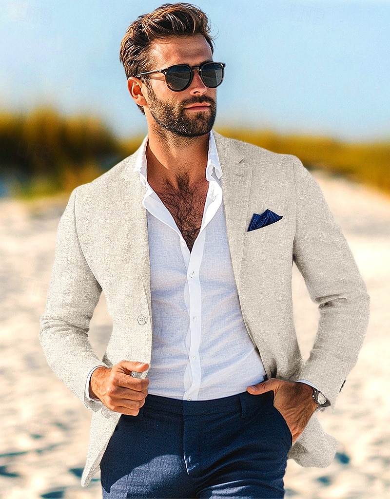 Blazer en lin pour hommes veste de sport mode décontractée été unis blazer bleu poussiéreux gris clair bleu foncé coupe ajustée à simple boutonnage un bouton de 2025 ? $78.99 –P1