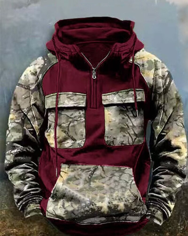 Per uomo Felpa con cappuccio Felpa con cappuccio e cerniera a un quarto Nero Vino Verde militare Blu Reale Cachi Con cappuccio Mimetico Collage Tasca frontale Sportivo Giornaliero Per eventi del 2025 a $40.99 –P5