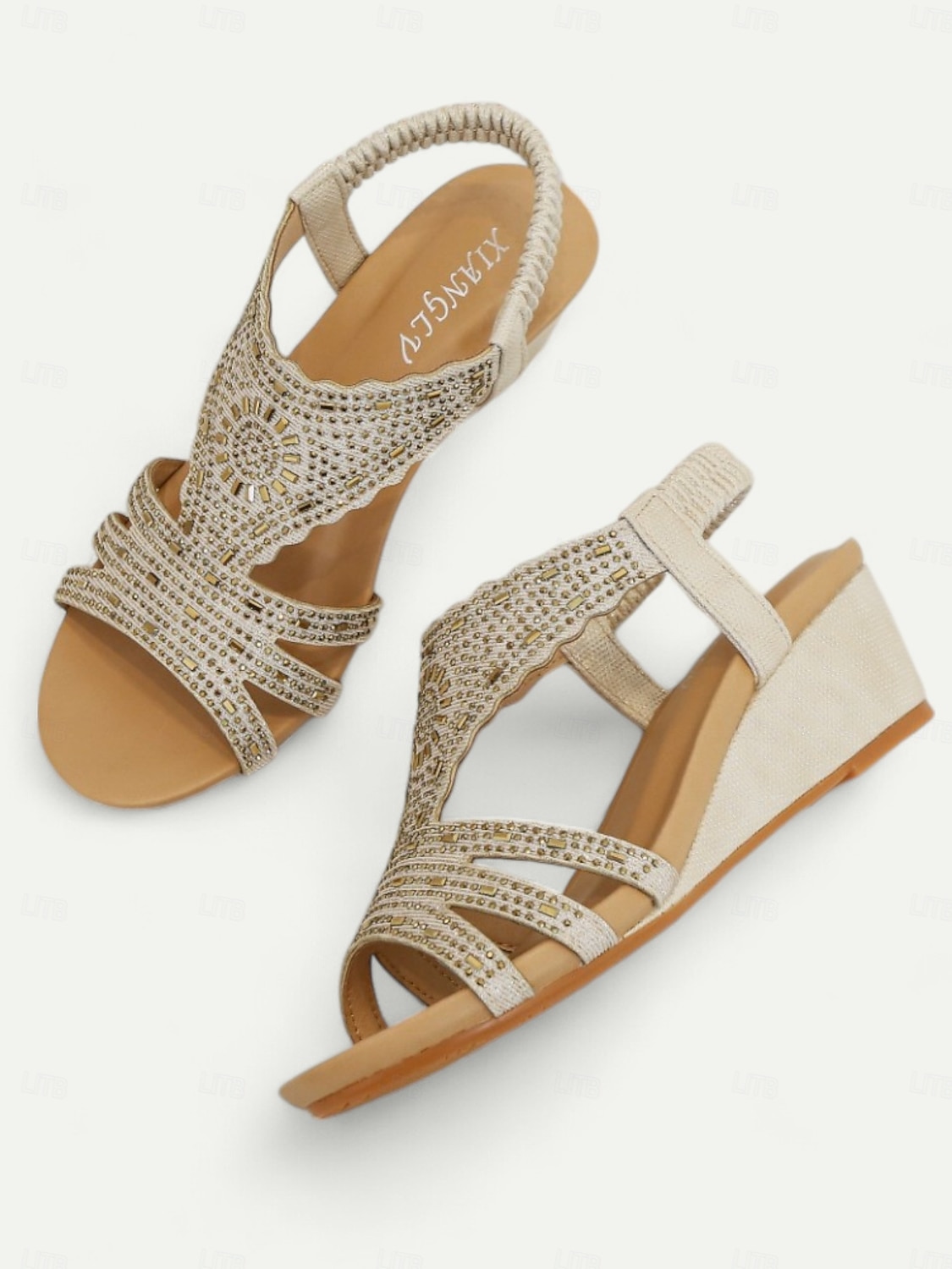 Women's Bohemian Rhinestone Wedge Sandals – Sparkly Elastic Strap Open-Toe Shoes for Summer, Beach, Casual & Evening Wear 2025 - $42.99 –P3