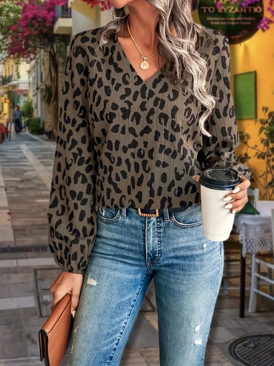 Dame Skjorte Bluse Leopard Fritid Langermet V-hals Vanlige topper Daglig Trykt mønster Svart Hvit Grønn Høst Vinter 2025 - $26.99 –P5