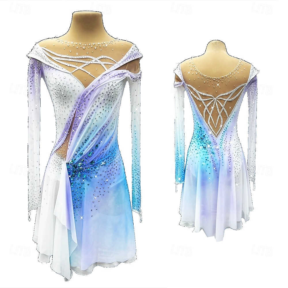 Rochie de Patinaj Artistic Pentru femei Fete Πατινάζ στο πάγο Rochii Alb Mâneci cu Gaura Vopsirea Halo Înaltă Elasticitate Profesional Competiție Ținută Patinaj Termic cald Cristale / Strasuri Manșon 2025 - $285.39 –P1