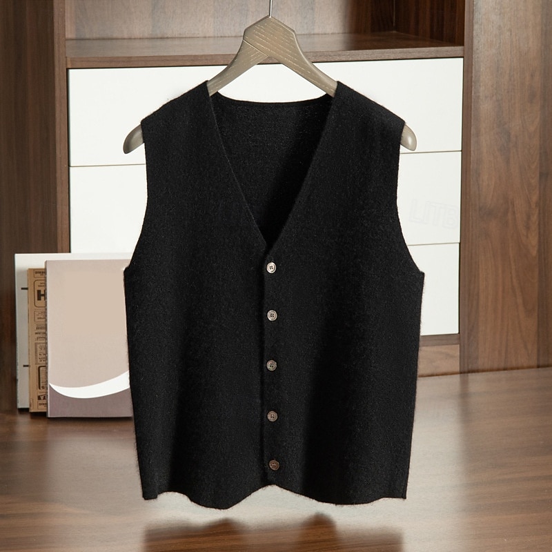 Herren Kaschmir Strickjacke Weste Stricken Knopf hoch V Ausschnitt Strickware Elegant Schule Formell Bekleidung Frühling Herbst Schwarz Marineblau S M L 2025 - $141.99 –P4
