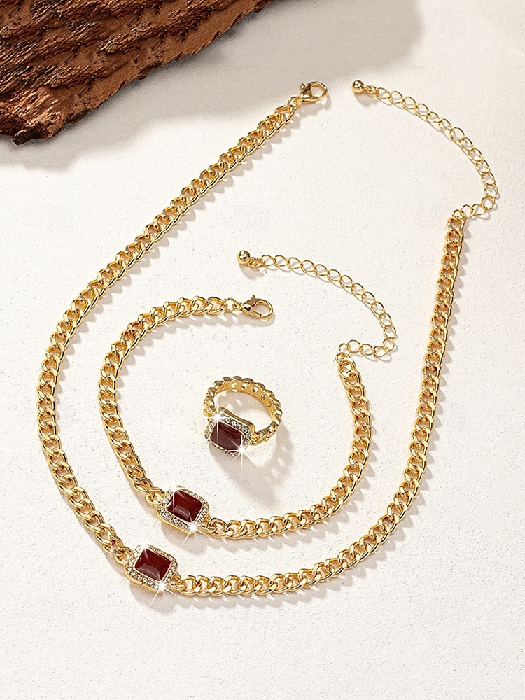 Women's Gold Chain Jewelry Set with Red Square Gemstone – Necklace, Bracelet, and Ring for Weddings, Parties, and Elegant Occasions 2025 - $11.99 –P2