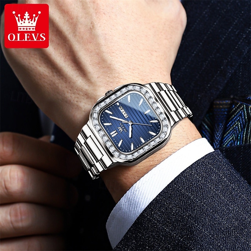 OLEVS miesten tankokello minimalistinen timanttikello muotipuku analoginen kvartsikello miesten kellot suorakulmainen vedenkestävä ruostumaton teräs hohtava päivämääräkello Valentinsdaglahja miehille 2026 - $41.99 –P10