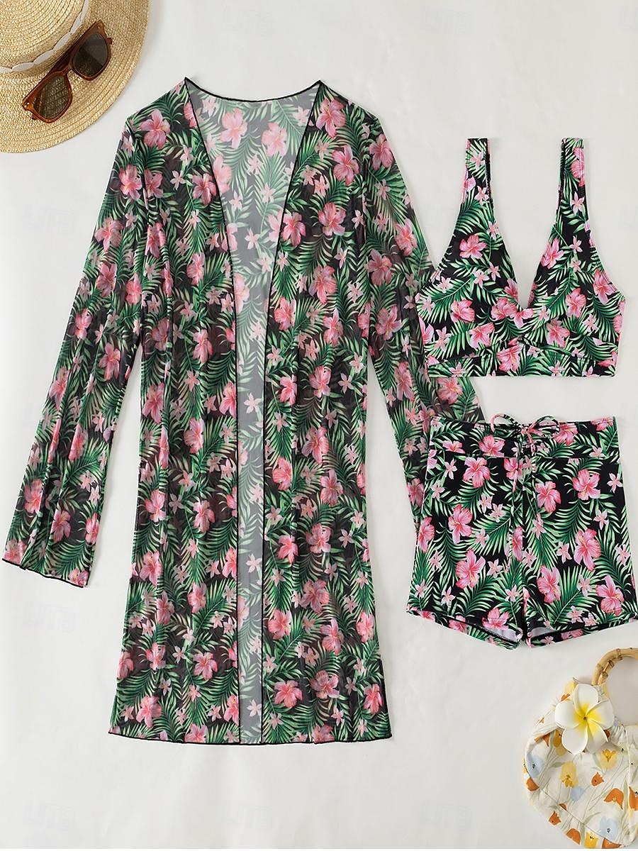 Femme Maillots de Bain Trois pièces Shorts Maillot de bain Patchwork Elégant Vacances Floral Graphic manche longue Maillots de bain de 2025 ? $31.99 –P5