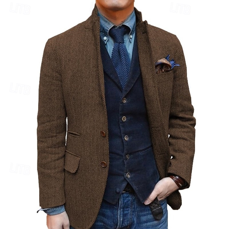 Blazer de tweed retro vintage para hombre, blazer de espiga, chaqueta deportiva, talla grande, botonadura sencilla, dos botones, negro, champán, burdeos, azul 2025 - $95.99 –P6