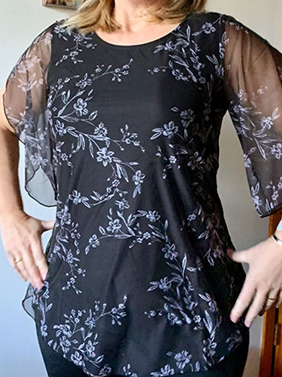 Damen Bluse Graphic Stilvoll Brautkleider schlicht 3/4 Ärmel Rundhalsausschnitt Normale Oberteile Urlaub Party Arbeit Schwarz Weiß Blau Frühling Herbst 2025 - $29.99 –P4