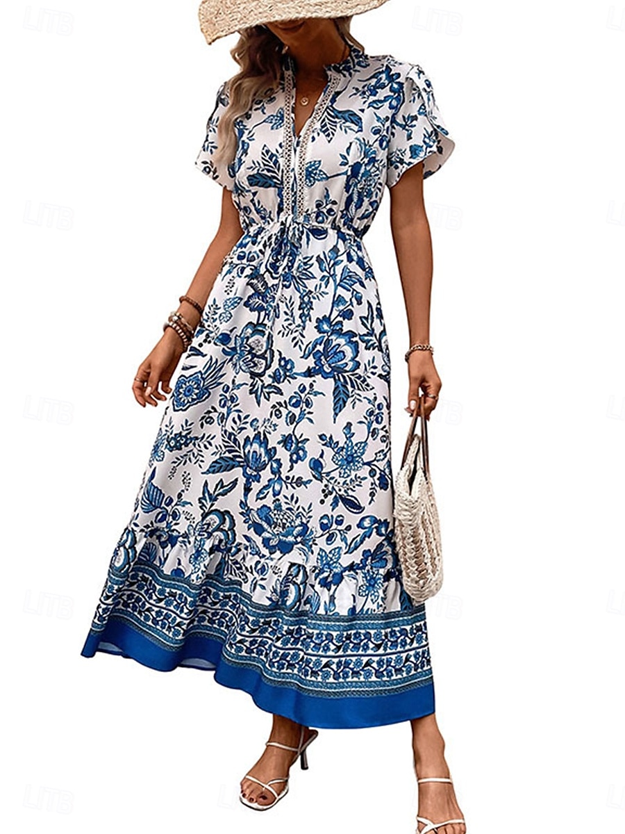 Dam Vanligt Maxiklänning Boho Chic klänningar Boho-klänning bohemliv Semester Strand Normal Grafisk Kortärmad V-hals Blå Sommar 2025 - $33.99 –P5