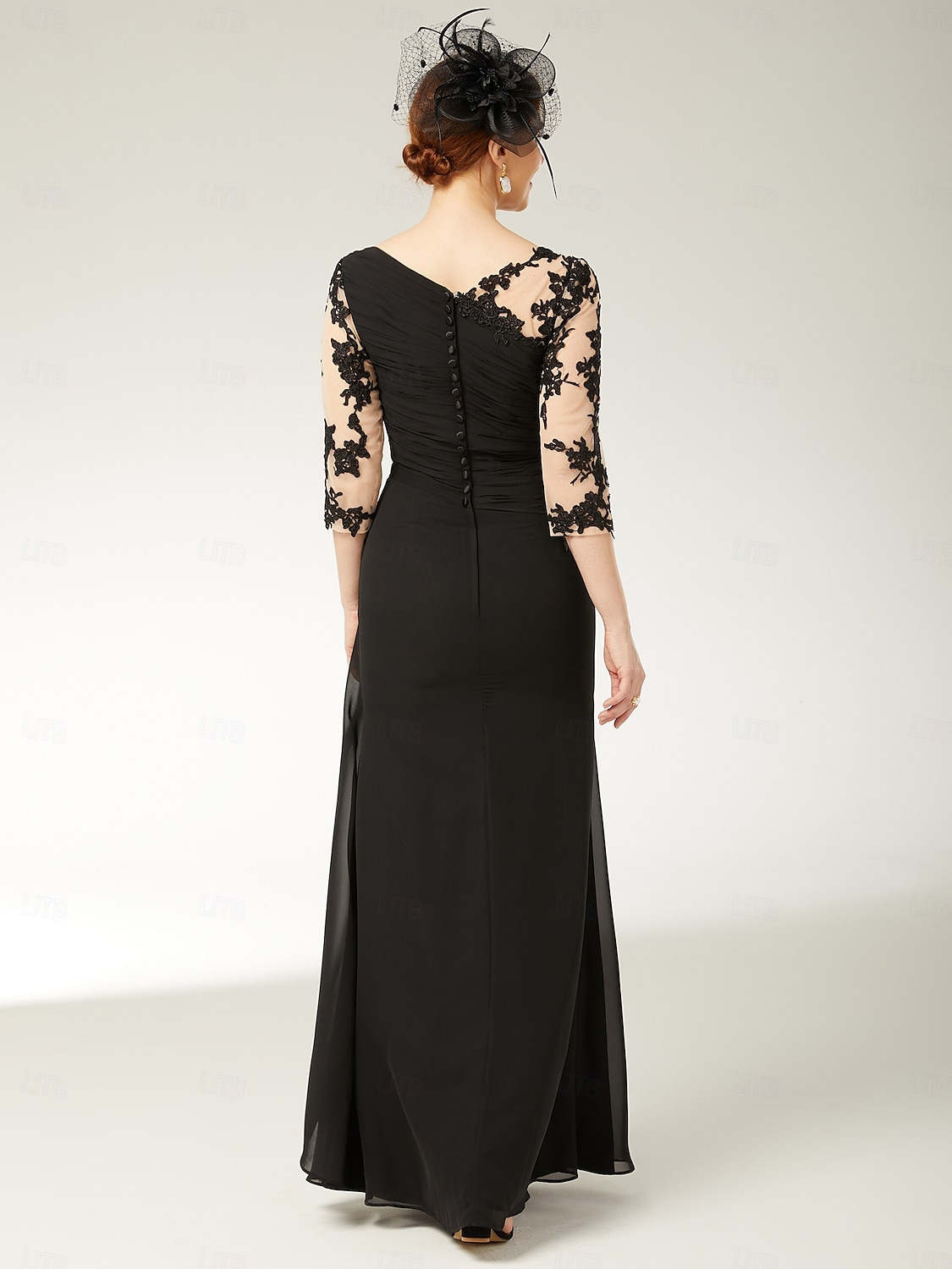 A-Linien-Kleid für die Mutter der Braut in Übergröße, U-Boot-Ausschnitt, bodenlang, Chiffon, Spitze, halbe Ärmel mit drapierten Applikationen, 2025 2025 - $152.99 –P2