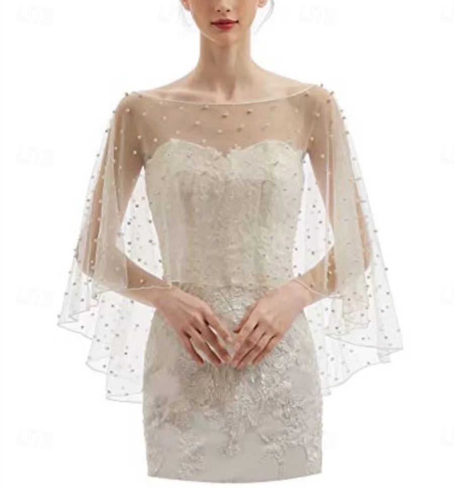 Brudens Wraps Voiler  Sheers Lyx 3/4-lång ärm Illusion Sleeve Bomull Bröllopswraps Med Falska Pärlor För Bröllop Gäst Sommaren 2025 - $62.99 –P1