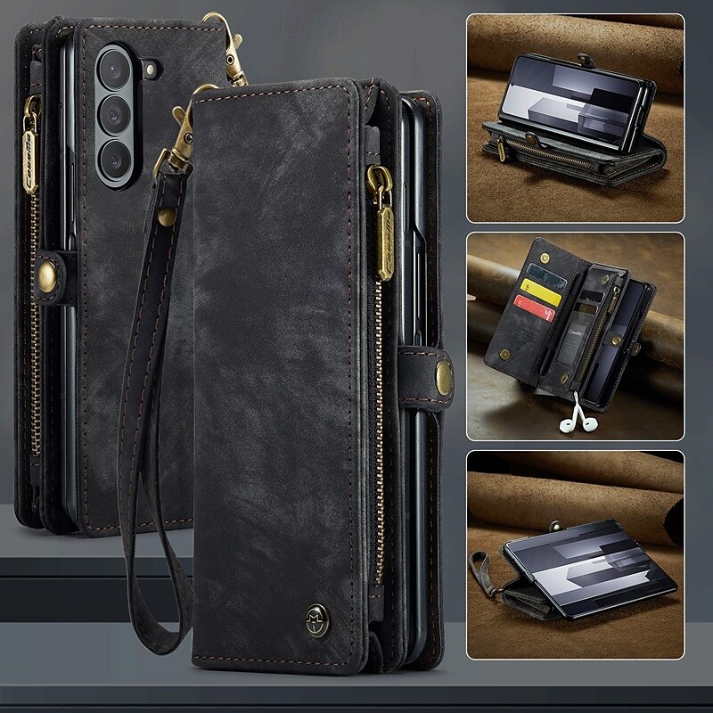 Phone Case For Samsung Galaxy Z Fold 6 Z Fold 5 Z Fold 4 Wallet Case with Stand Holder Zipper with Wrist Strap Retro TPU PU Leather 2025 - $34.99 –P12