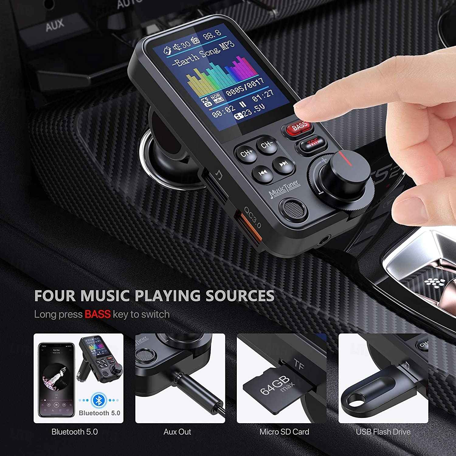 bt93 автомобильный комплект громкой связи bluetooth 5.0 трансмистер fm qc3.0 быстрая зарядка беспроводной автомобильный mp3-плеер bluetooth автомобильный трансмитер fm 2025 - $47.99 –P6