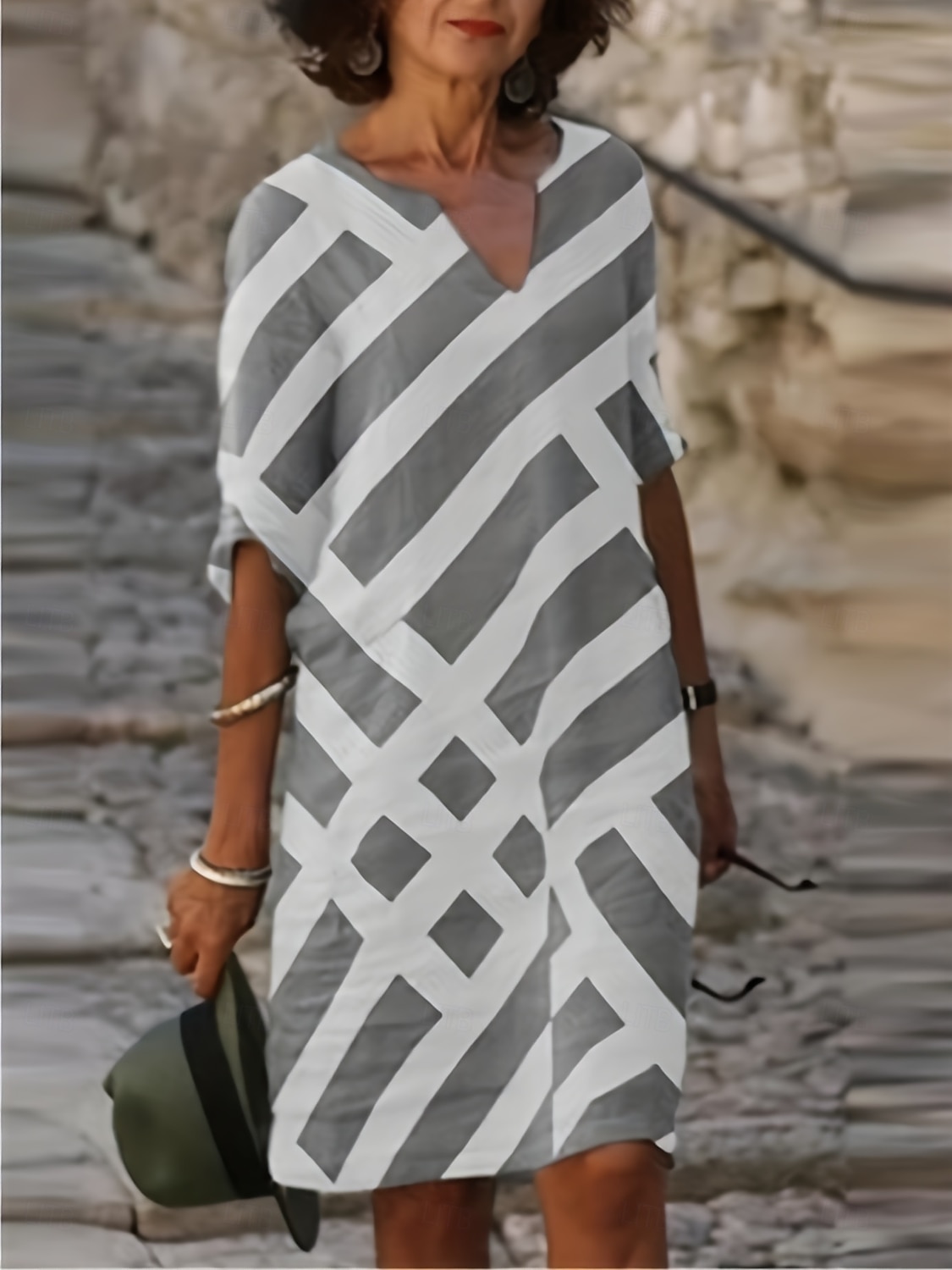 Dame EU / USA størrelse Midikjole Jumper kjole Boho-kjole Vårkjole Boho brudekjole Elegant Bohem Stilfull 3/4-ermer Feriereise Arbeid Daglig Løstsittende Geometrisk Ruter 3/4 ermer V-hals Svart og 2025 - $35.99 –P3