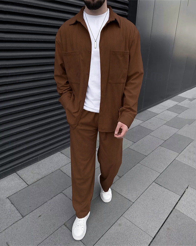 Voor heren Lichtgewicht jack Zomer jas Overhemdjack Corduroyjack Vakantie Dagelijks Slijtvast Zak 2-stuks Herfst winter Effen Modieus Klassiek Revers Normaal Zwart Hemelsblauw Donkergroen Khaki Koffie 2026 - $47.99 –P4