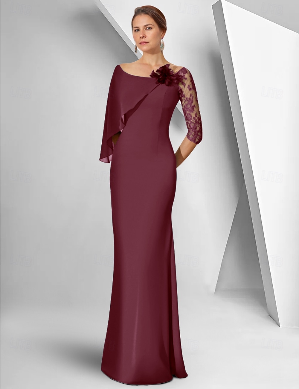 Sheath / Column Dress Mother of the Bride Dress Elegant Bateau Neck Floor Length Chiffon 3/4 Length Sleeve with Lace Solid Color 2025 - $143.99 –P2
