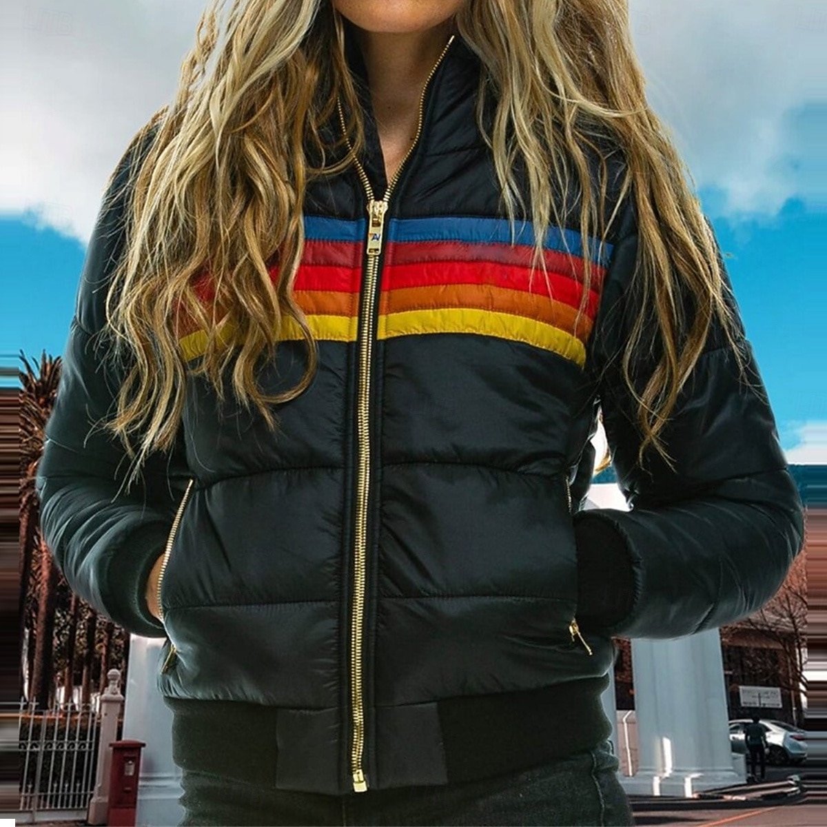 Per donna Parka Esterno Strada Giornaliero Autunno Inverno Standard Cappotto Standard Antivento Tenere al caldo Contemporaneo Moda Informale Giacca Manica lunga Color Block Strisce Con tasche Zip del 2025 a $41.39 –P3