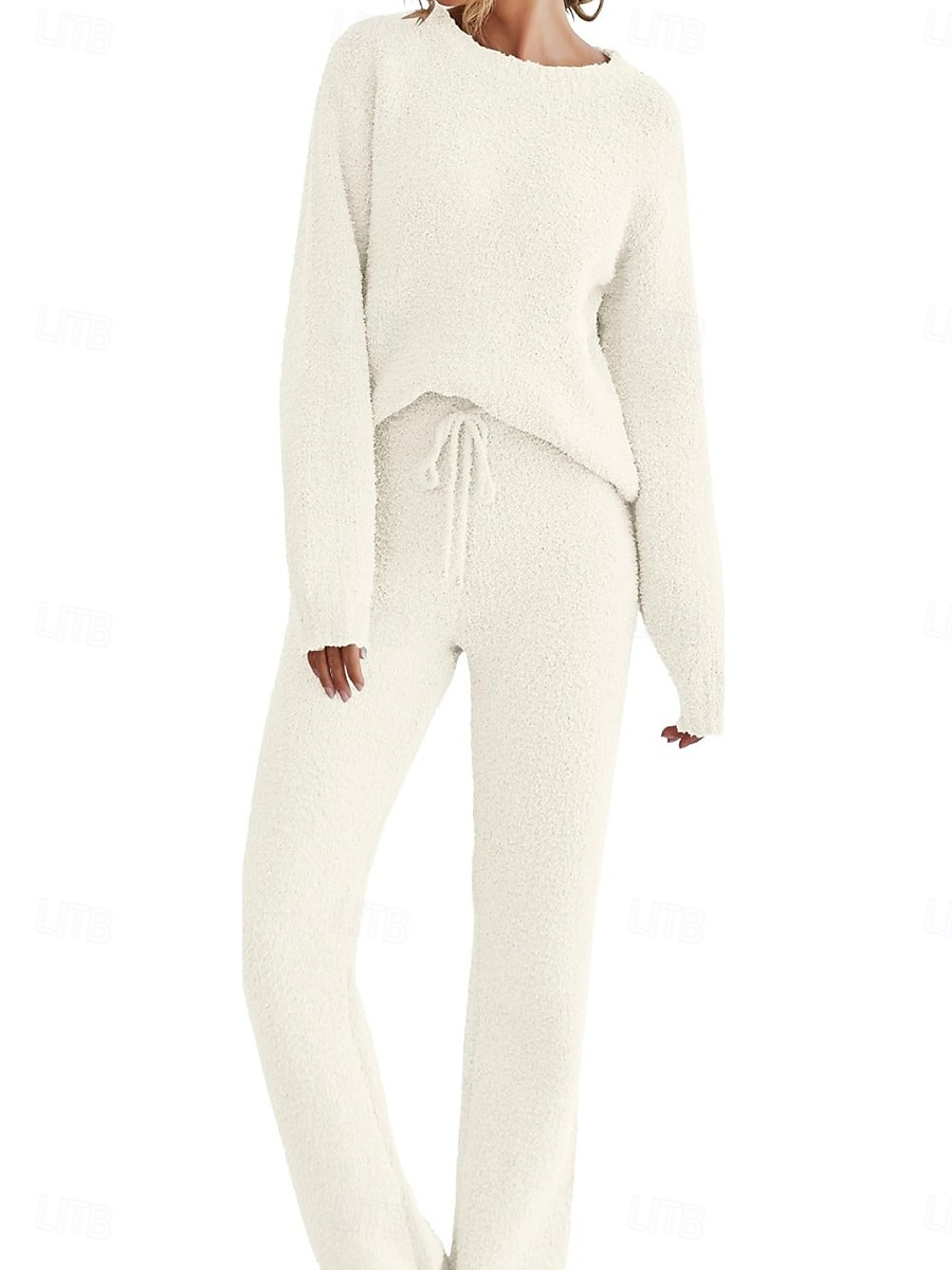 Női Pizsama Meleg Alkalmi Kényelmes Tiszta szín Rugalmas derék Pullover Nadrág Otthon Napi Hosszú ujj Terített nyak Arcpír rózsaszín Medence Bézs Ősz Tél 2025 - $61.99 –P2