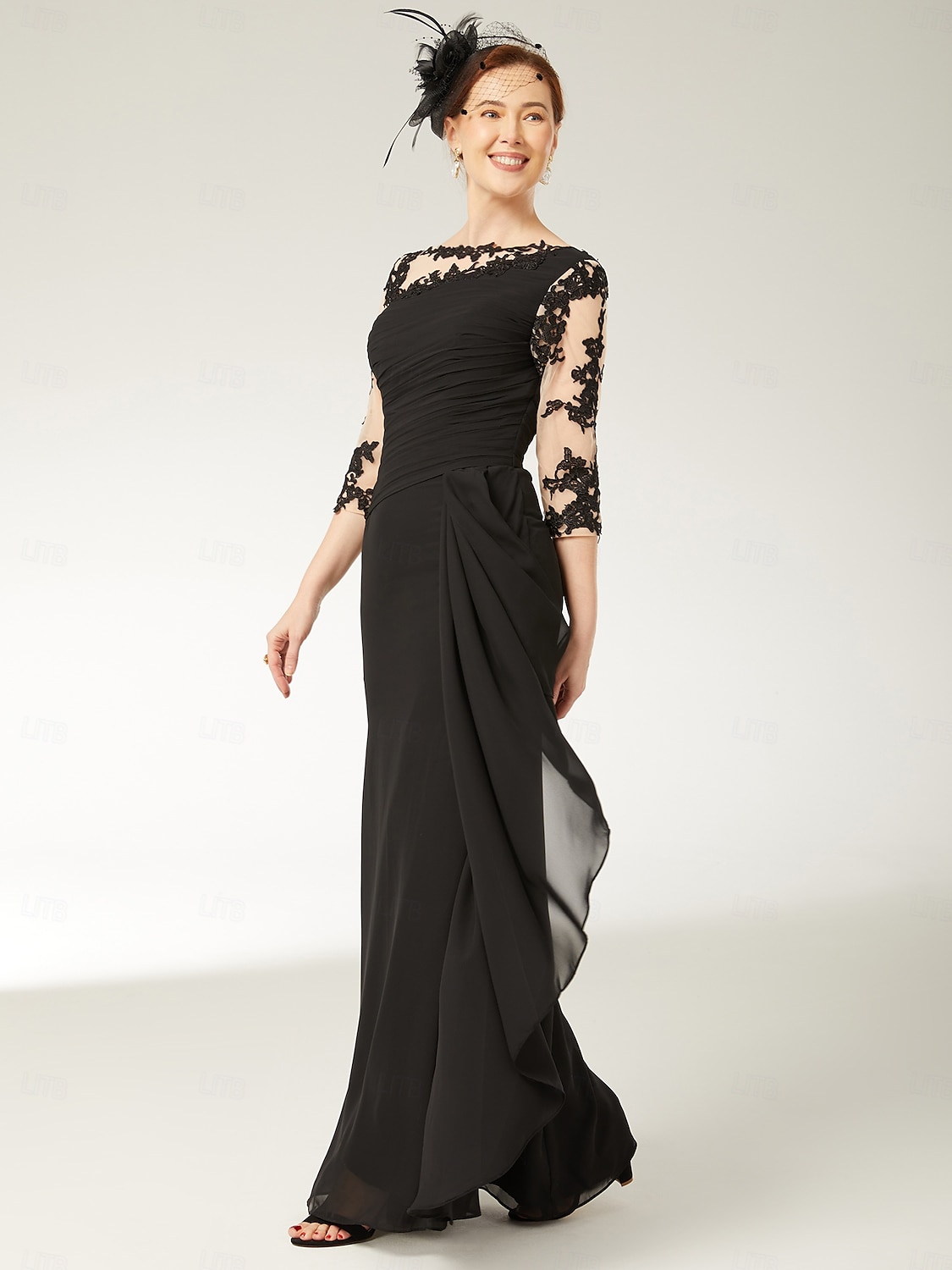 A-Linien-Kleid für die Mutter der Braut in Übergröße, U-Boot-Ausschnitt, bodenlang, Chiffon, Spitze, halbe Ärmel mit drapierten Applikationen, 2025 2025 - $152.99 –P3