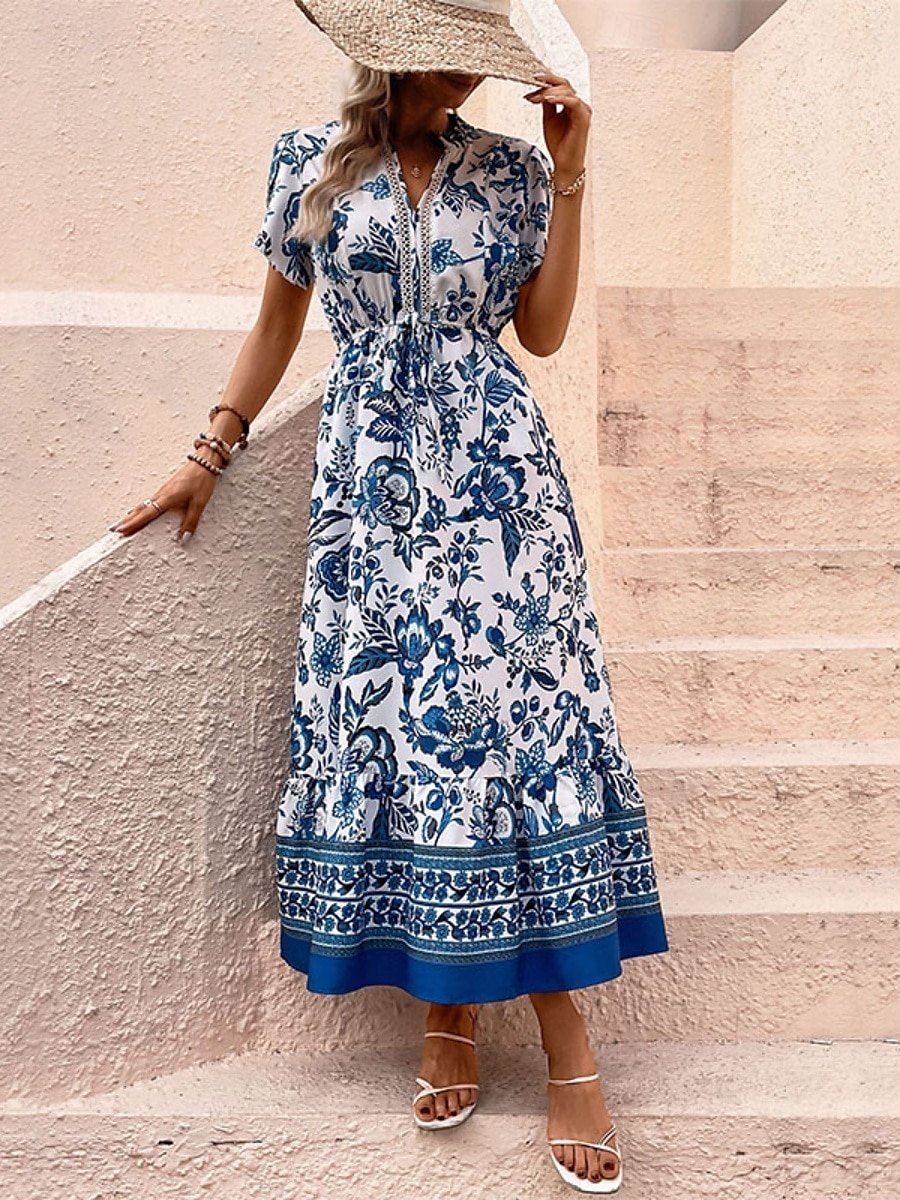 Damen Maxidress Casual kleid Schaukelkleid A Linie Kleid Boho-Kleid Brautkleider schlicht Täglich Regular Fit Blumen Halbe Ärmel V Ausschnitt Blau Sommer Frühling 2025 - $35.99 –P8