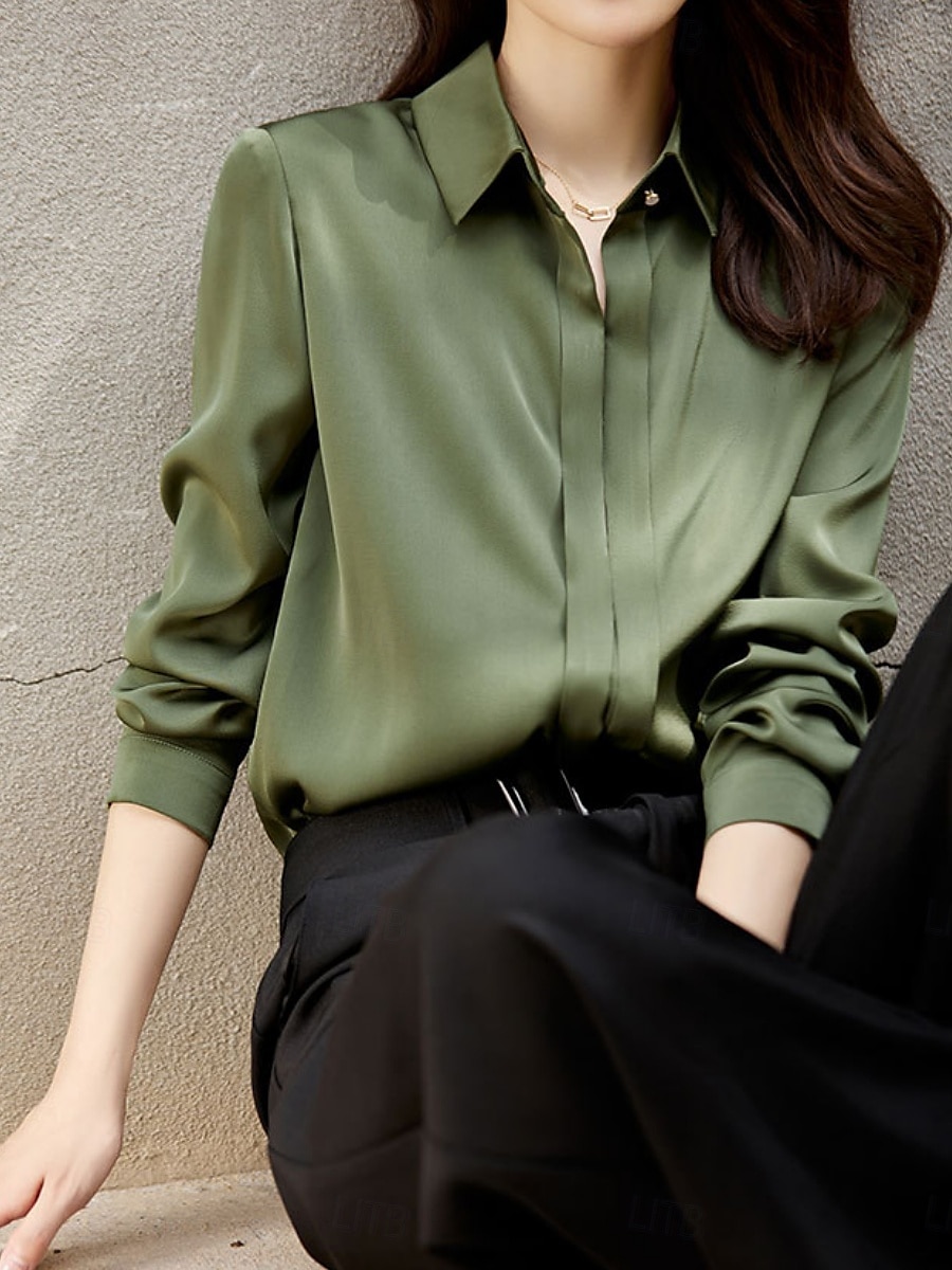 Dames Overhemd Blouse Effen Kleur Basic Casual Lange mouw Overhemdkraag Normale tops Dagelijks Knop Wit Groen Grijs Herfst Winter 2025 - $36.99 –P4