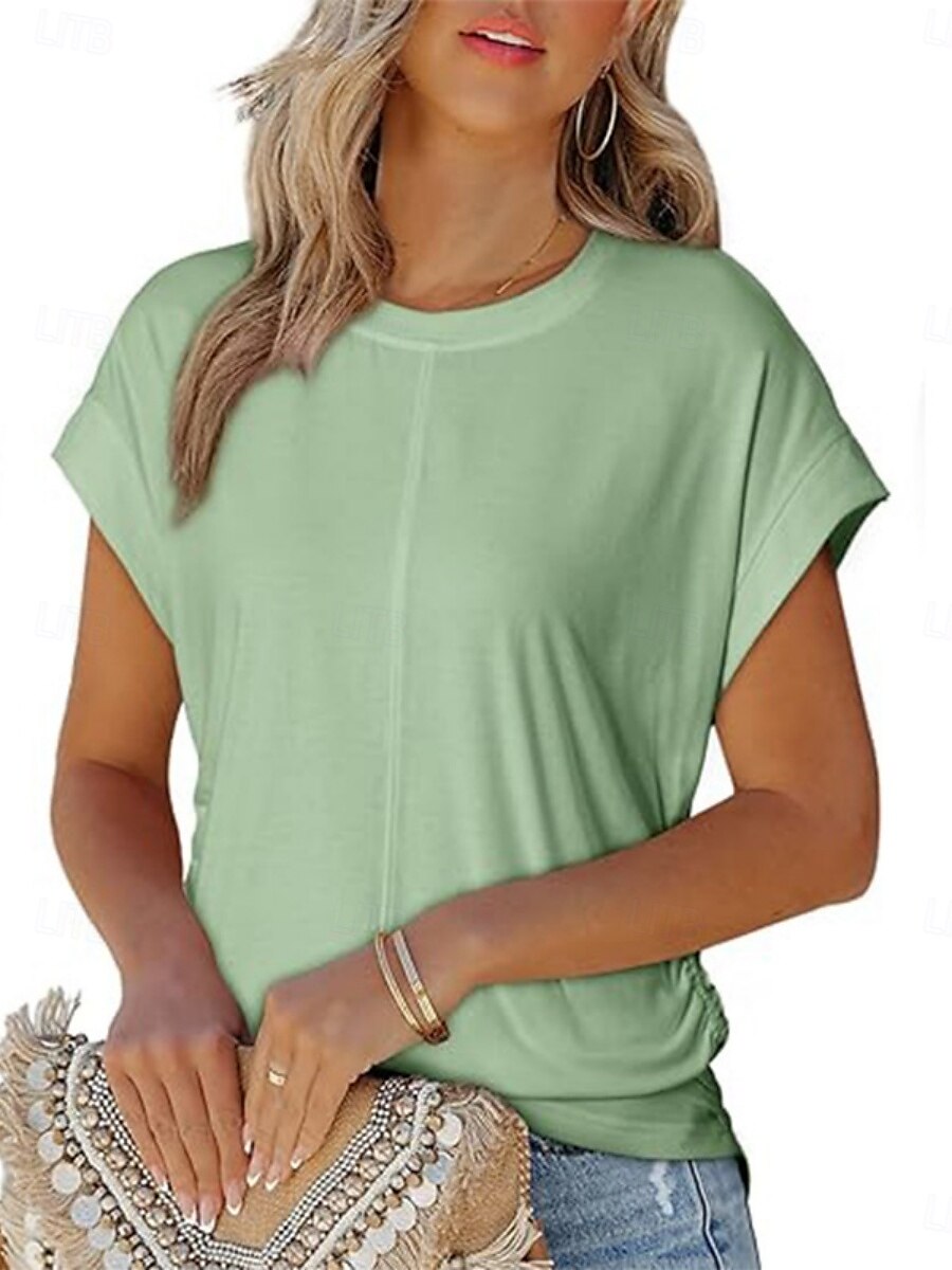 Dames Blouse Effen Kleur Basic Casual Korte mouw Strakke ronde hals Normale tops Dagelijks Wit Lichtgroen Fuchsia Zomer 2025 - $29.99 –P2