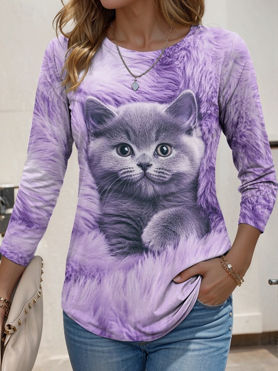 Femme T shirt Chat Mode Moderne Décontractées manche longue Col Ras du Cou Hauts réguliers du quotidien Fin de semaine Imprimer Violet Automne Hiver de 2025 ? $27.99 –P1