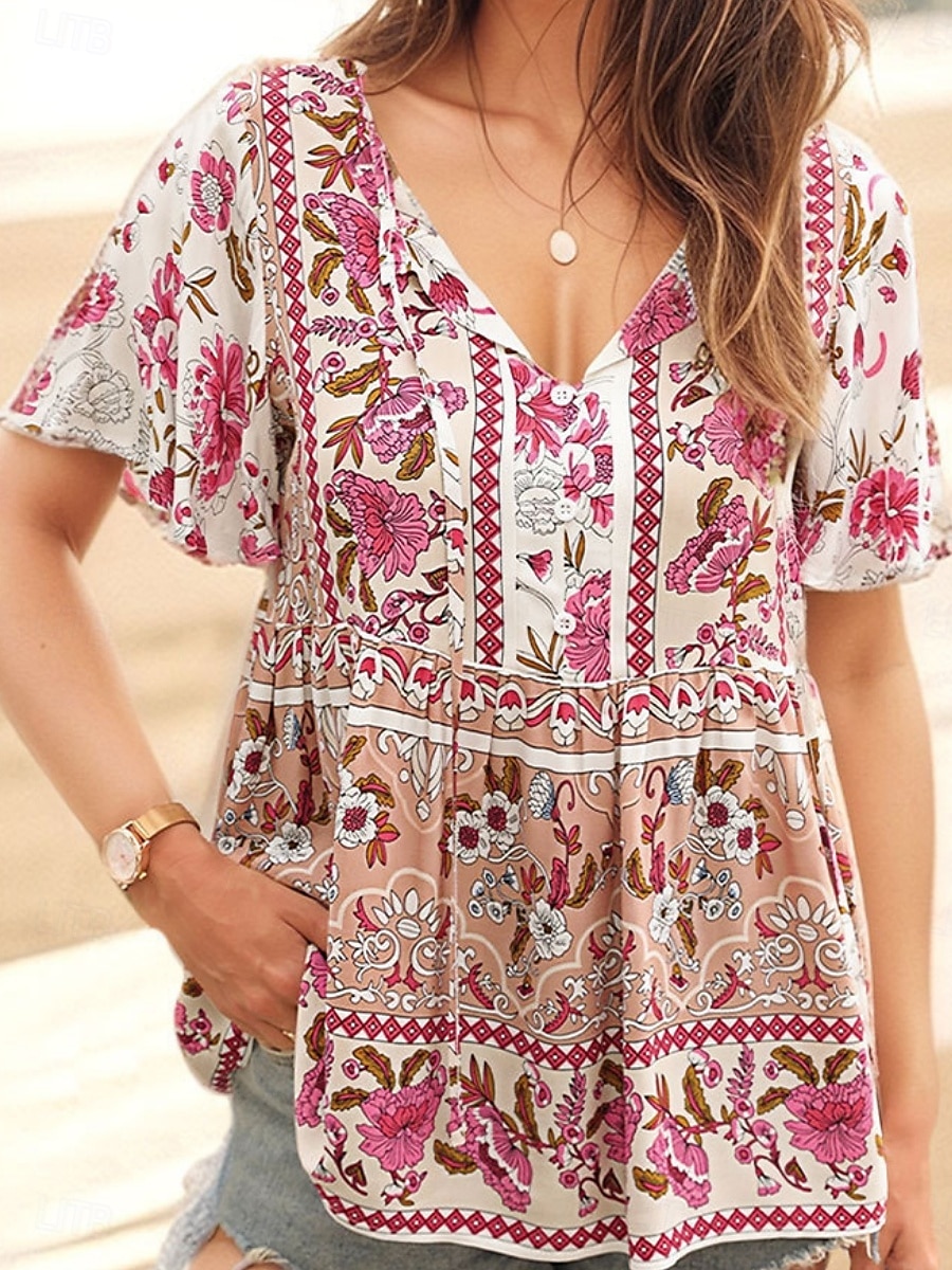 Pentru femei Cămașă Bluză Floral Boemia Casual Manșon scurt În V Topuri obișnuite Zilnic Imprimeu Alb Roz Îmbujorat Bleumarin Vară Primăvară 2025 - $29.99 –P2