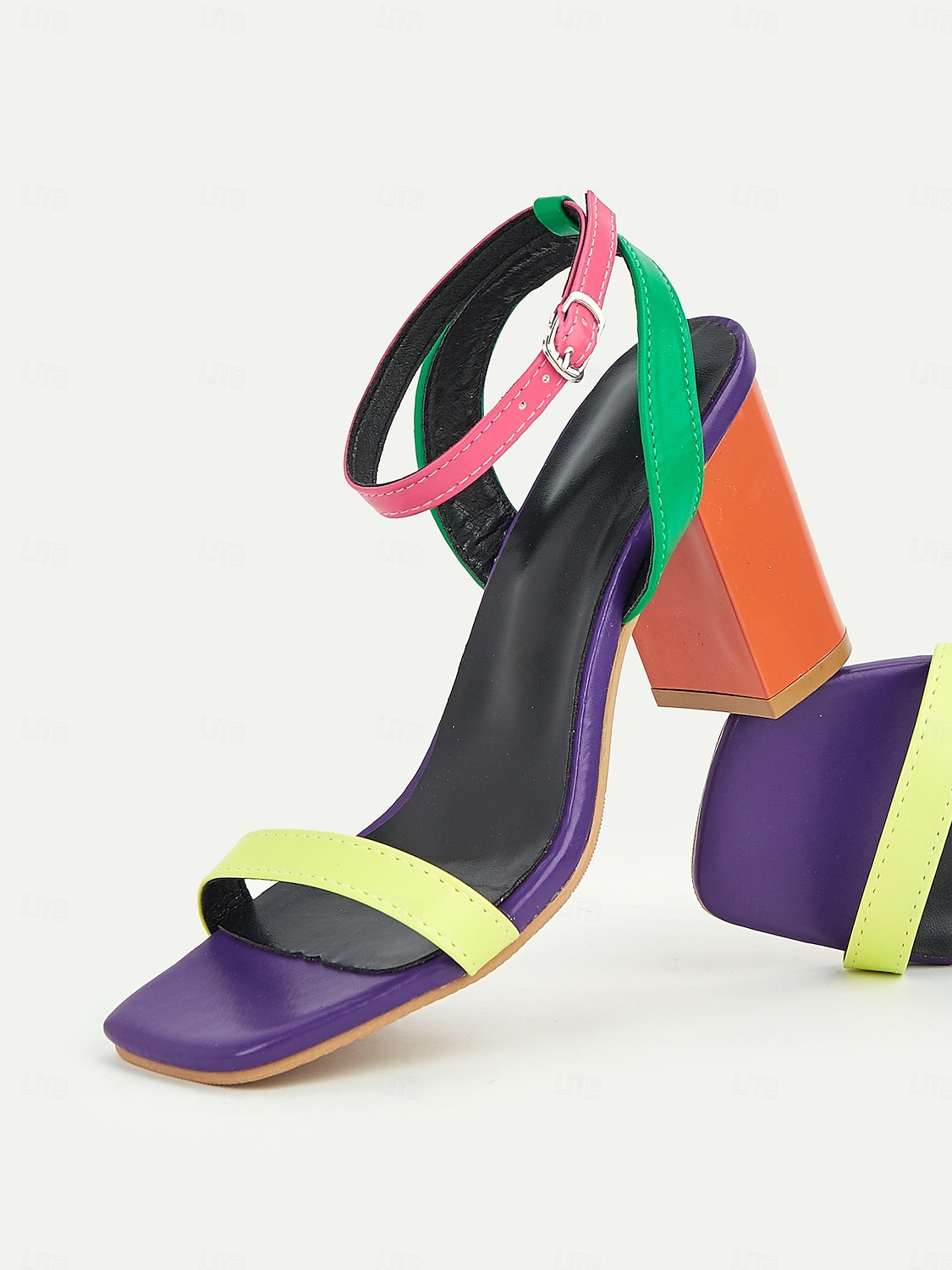 sandali da donna multicolor con tacco a blocco, cinturino alla caviglia e punta aperta, eleganti scarpe estive per feste, matrimoni e uscite informali del 2025 a $26.99 –P1
