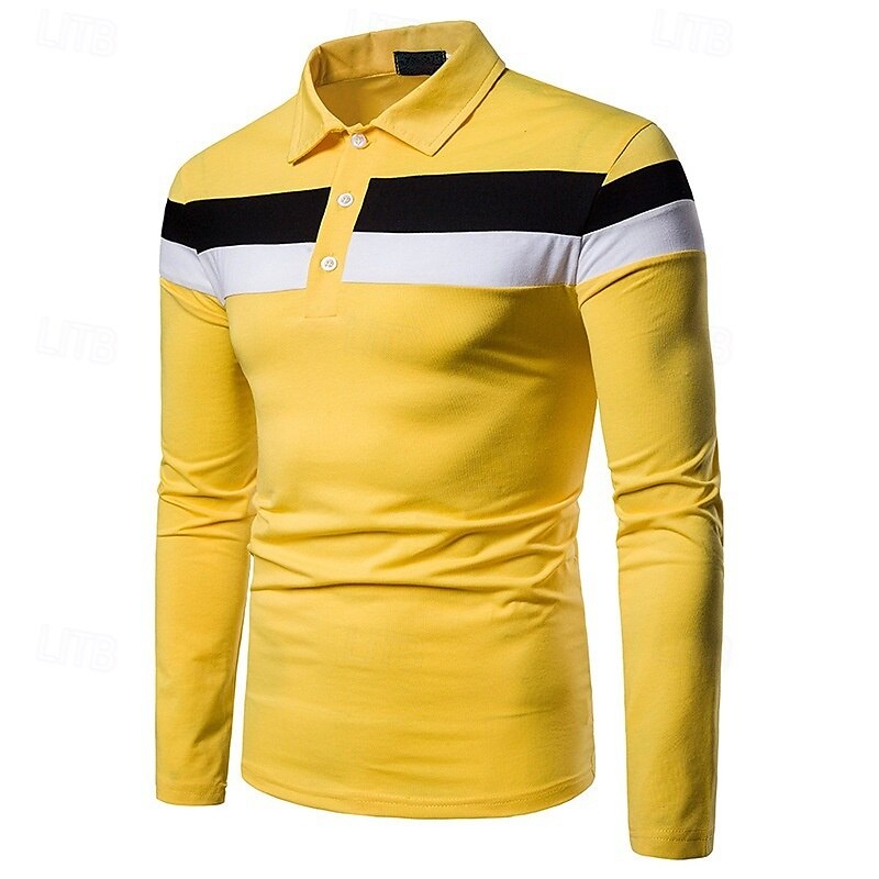 Herren Golfhemd Golf Poloshirts Arbeit Casual Kargen Langarm Basic Modern Farbblock Patchwork Knopf Frühling & Herbst Regular Fit Schwarz Weiß Gelb Golfhemd 2025 - $12.99 –P3