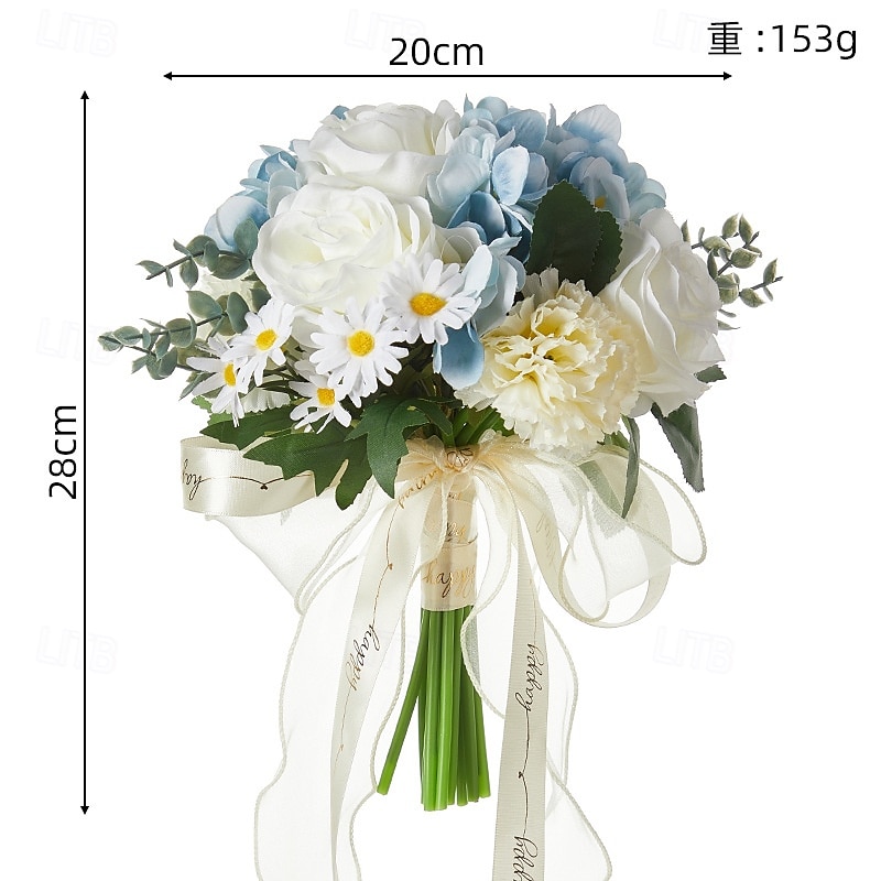 Ramos de novia para boda, ramo de novia de flores artificiales de seda azul y blanco con rosas falsas, arreglo floral fresco y único para bodas 2025 - $27.99 –P5