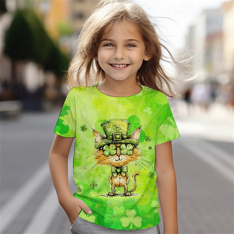 St Patrick Pojkar 3D Grafisk Katt T-shirt Kortärmad Sommar Vår Mode Grundläggande Barn 4-12 år Rund hals Utomhus Ledigt Dagligen Normal 2025 - $11.99 –P3