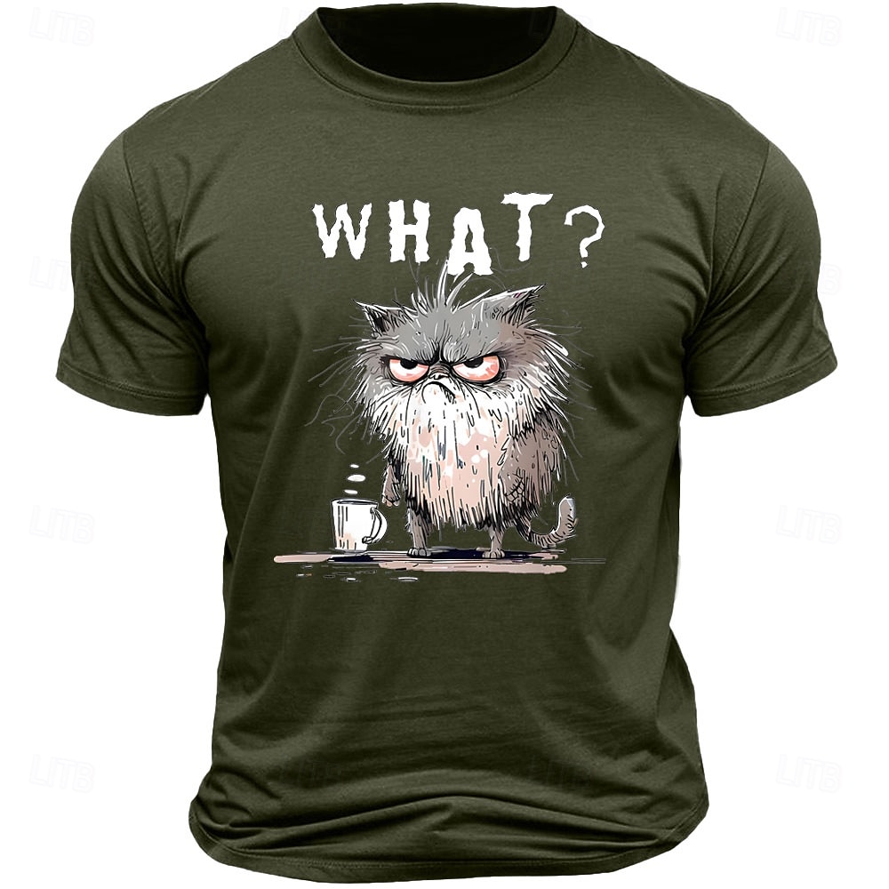 2025年 メンズ Tシャツ、面白いグランピーキャット「何？」モーニングコーヒー ショートスリーブグラフィック Tシャツ  コレクション – $15.99 –P3