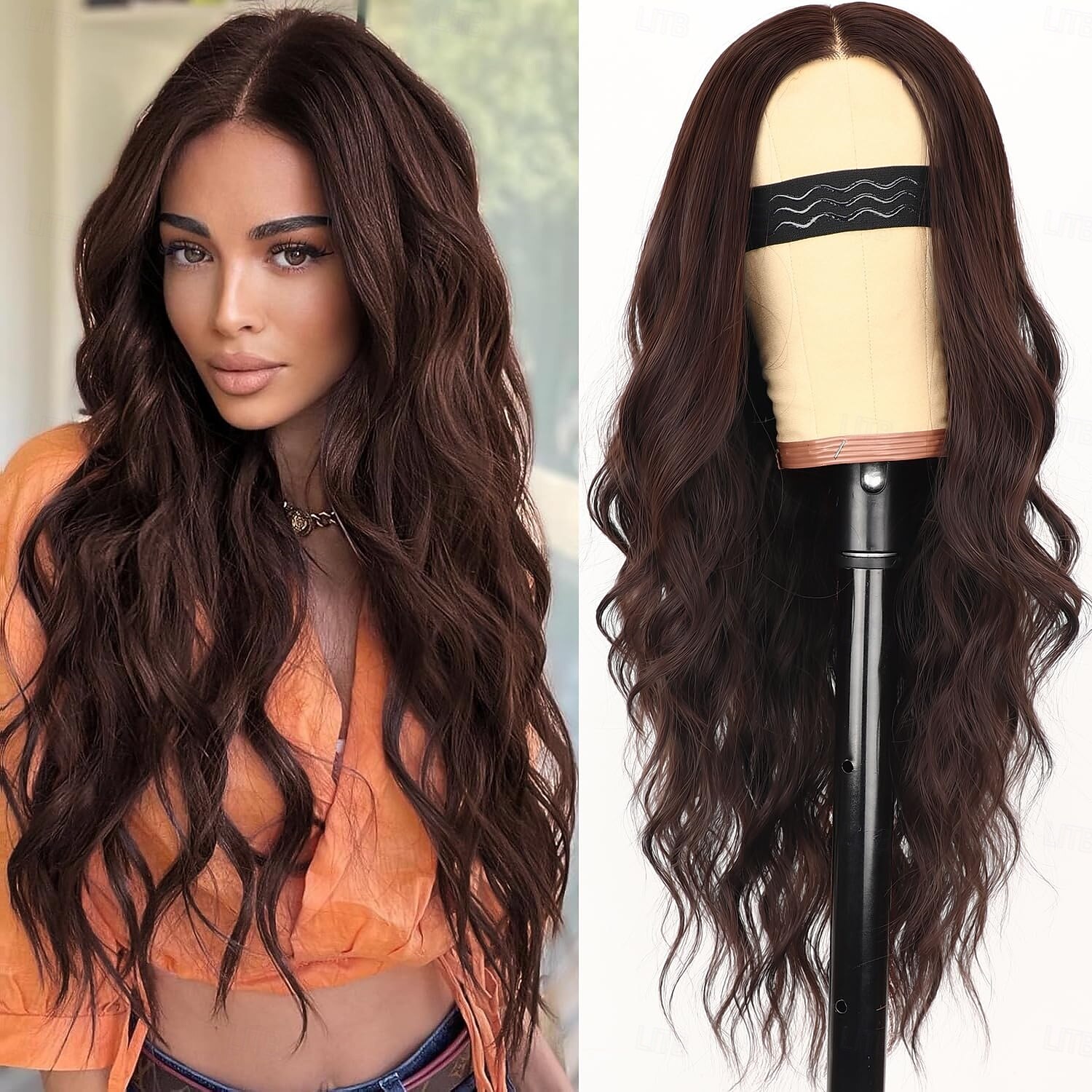 parrucca per donna lunga ondulata parrucca in pizzo attaccatura dei capelli parte centrale parrucca sintetica resistente al calore per festa quotidiana del 2025 a $19.99 –P1