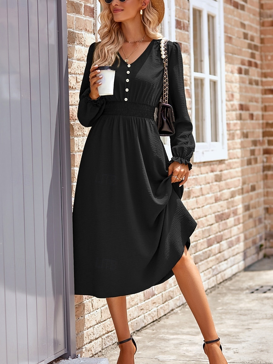Damen Midikleid Casual kleid A Linie Kleid Stilvoll Basic Brautkleider schlicht Urlaub Täglich Regular Fit Glatt Langarm V Ausschnitt Schwarz Armeegrün Sommer Frühling 2025 - $38.99 –P13