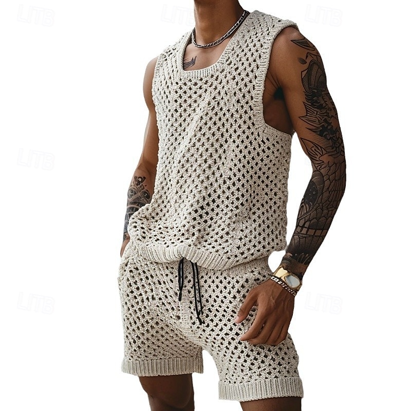 Men's T-shirt Suits 2 Piece Summer Tracksuit Set Casual Sleeveless Suit Crew Neck Summer Knitwear Bohemia Vacation Knitted Vacation Black Brown Beige Top Tee for Men 2025 - $37.99 –P5