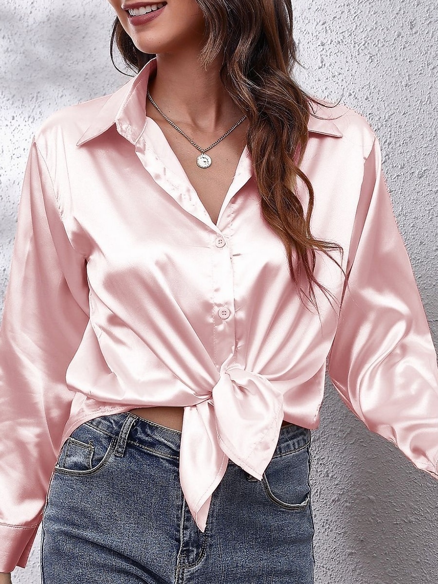 Per donna Camicia Elegant Elegante Raso/Satin Tinta unica Affari Moderno Casual Manica Lunga Colletto a Camicia Top Regolari Lavoro Abbigliamento Formale Bottoni Giallo Rosa Vino Blu Verde Estate del 2025 a $24.99 –P3