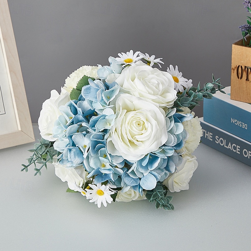 Ramos de novia para boda, ramo de novia de flores artificiales de seda azul y blanco con rosas falsas, arreglo floral fresco y único para bodas 2025 - $27.99 –P3