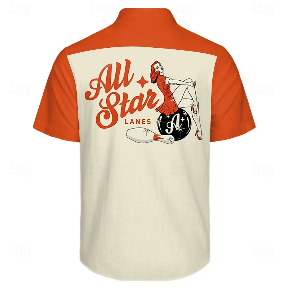 Herren Buchstabe Vintage Bowling-Shirt Knopfhemd Kurzarm Modisch lässig Casual Sommer Frühling Umlegekragen Knopf hoch Tasche Orange 2026 - $9.49 –P2