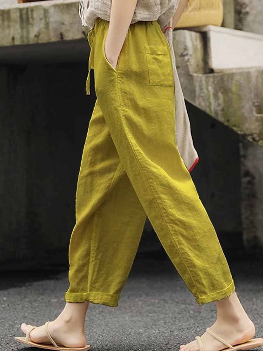 Femmes Short en coton et lin Pantalon inspiré du lin Pantalon en coton et lin Simple Classique & Intemporel Longueur complète Taille haute Couleur Unie Patchwork Avec Poches Cordon de serrage de 2025 ? $21.99 –P1