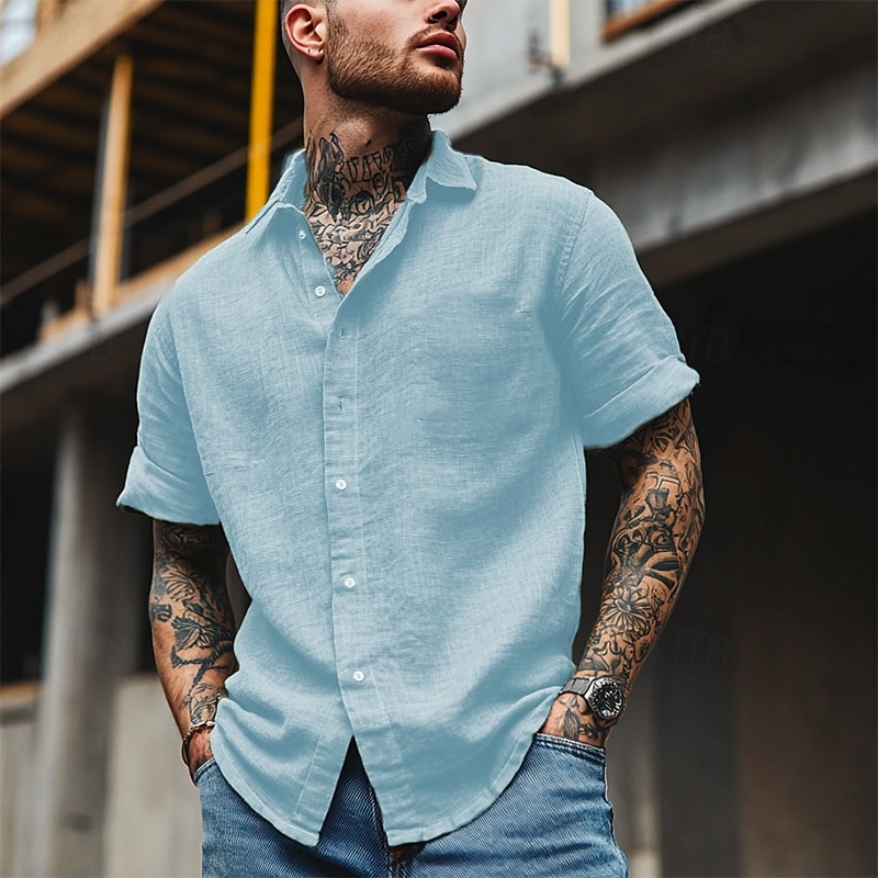 Cotone e lino Classico Per uomo Camicia camicia di lino Camicia estiva Camicia da spiaggia Camicia con bottoni Nero Bianco Blu Manica corta Liscio Collo ripiegabile Estate Da mare Per eventi del 2025 a $25.99 –P2