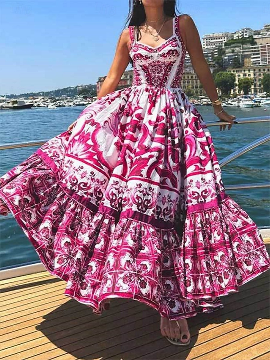 Női Hosszú ruha Maxi ruha hétköznapi ruha Swing ruha A vonalú ruha Boho ruha Csehország Szüret Alkalmi Vakáció Napi Normál Virágos Ujjatlan V-alakú Bíbor Fukszia Nyár 2025 - $52.99 –P4