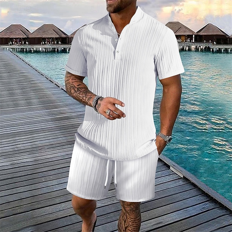 Herr 2 delar Skjorta set Sommar set Matchande set Casual skjorta Knapp upp skjorta Svart Vit Kungsblå Khaki grön Ljusblå Kortärmad Slät Krage Semester Dagligen Kläder Mode Ledigt Bekväm 2026 - $35.99 –P2