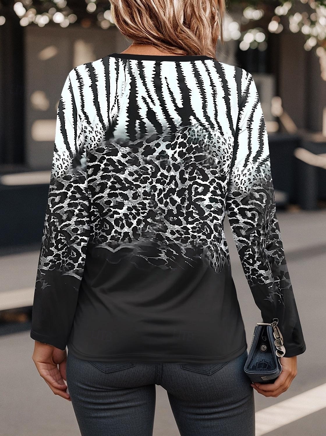 Women's T Shirt Ombre Leopard Casual Long Sleeve V Neck Regular Tops Daily Zipper Print Black Spring Winter 2025 - $27.99 –P2