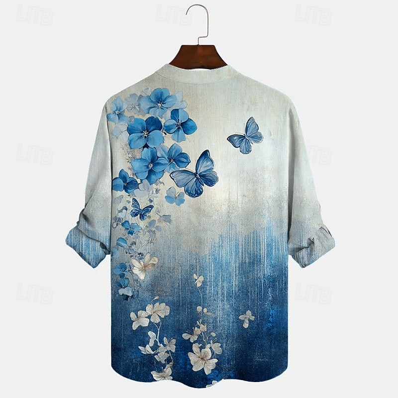 Herren Schmetterling Hawaiihemd Sommerhemd Aloha-Shirt Langarm Hawaiianisch Resort Urlaub Frühling Herbst V Ausschnitt Knopf Blau 2025 - $25.99 –P2