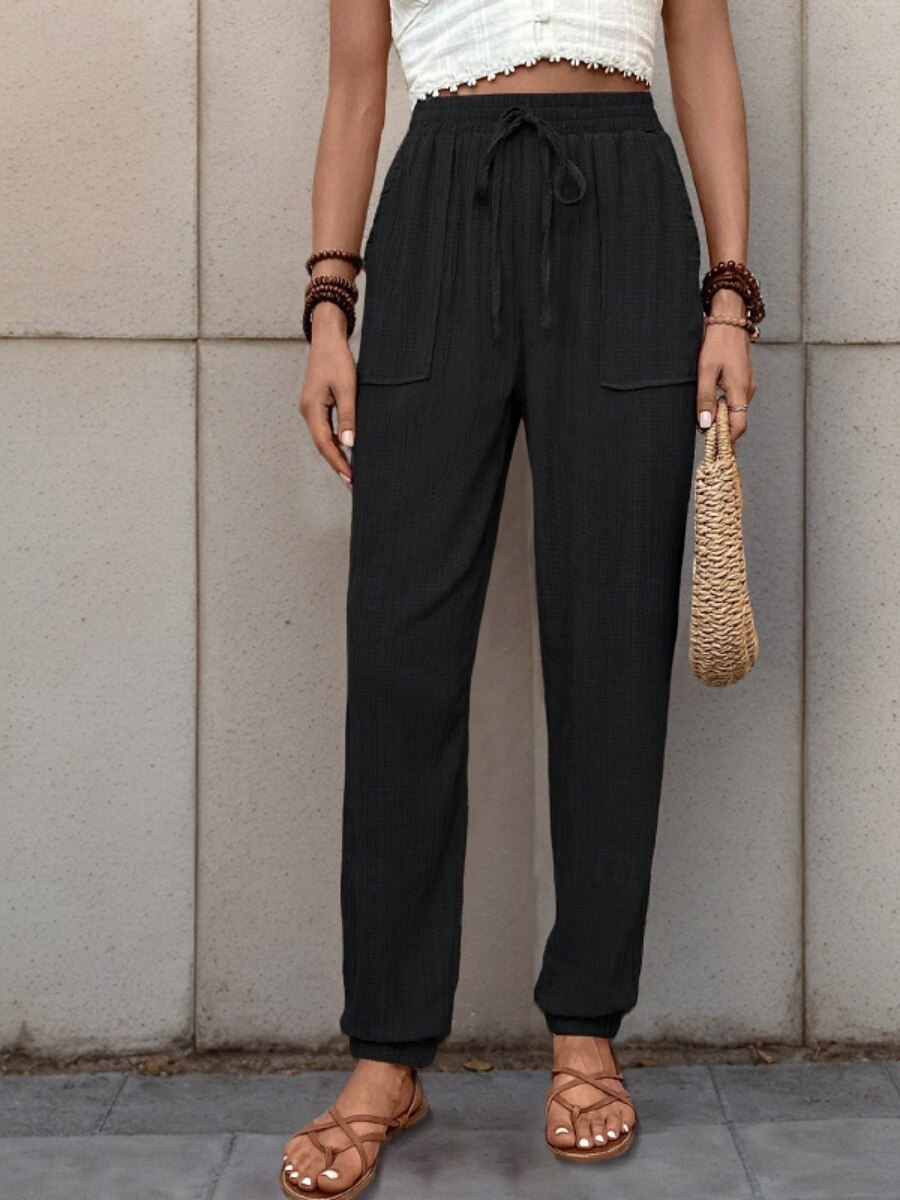 Women's Tapered pants Chinos Fashion Streetwear Full Length High Waist Plain Pocket Elastic Waistband Comfy Soft Comfortable Micro-elastic Outdoor Street Black Green Khaki Spring &  Fall Regular Fit 2026 - $26.99 –P7