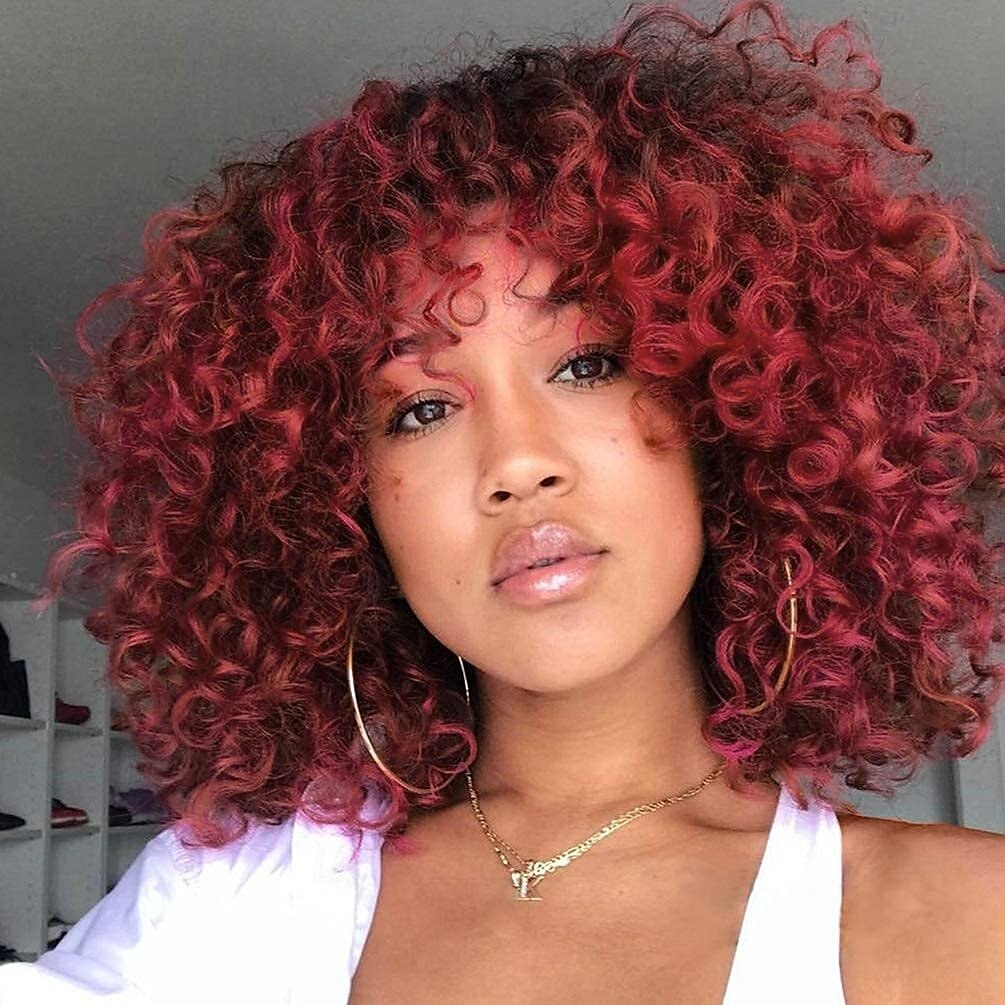 perucas afro cacheadas para mulheres - peruca afro cacheada crespa com franja perucas sintéticas cosplay de 2025 por $18.49 –P1