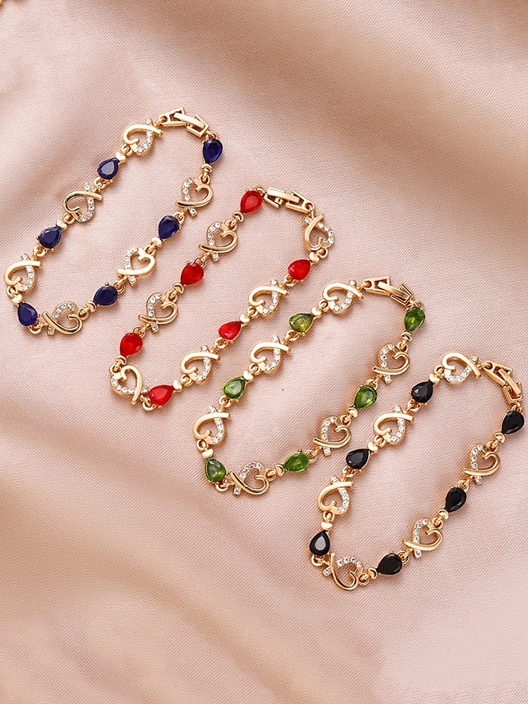 Women's Gold Bracelet with Red Teardrop Crystals and Heart-Shaped Accents, Elegant Romantic Design for Valentine's Day Gift, Weddings, and Special Occasions 2025 - $7.99 –P3
